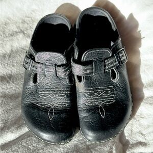 Birkenstock, Black Leather, White Stitch, Size 39, Men’s 5.5-6, Women’s 8-8.5
